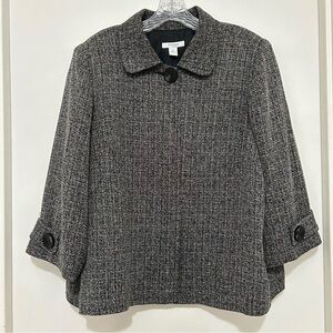Dressbarn Woman 2X Black Tweed 3/4 Sleeve Topper Blazer Collar Button Grey/Black